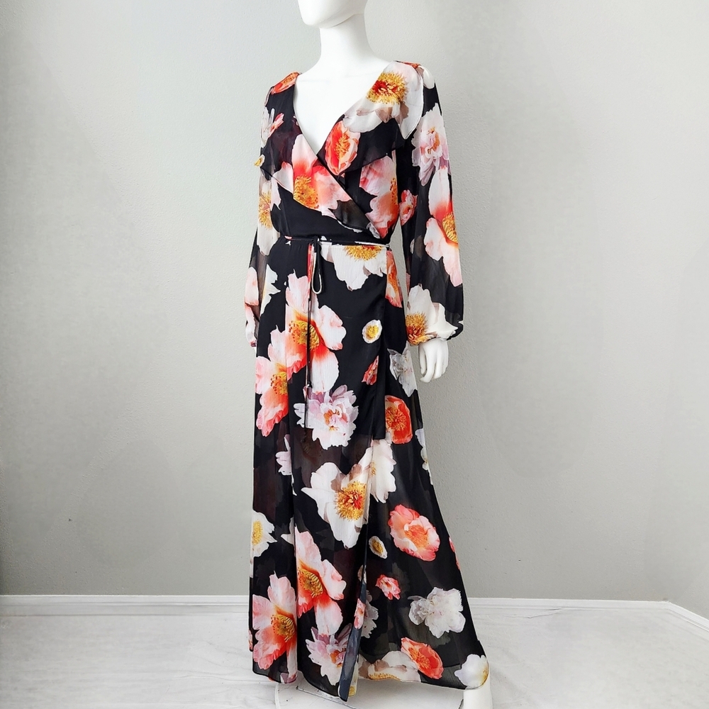 GB Gianni Bini Floral Wrap Maxi Dress With Open Back & Ruffle Neck, Size Large